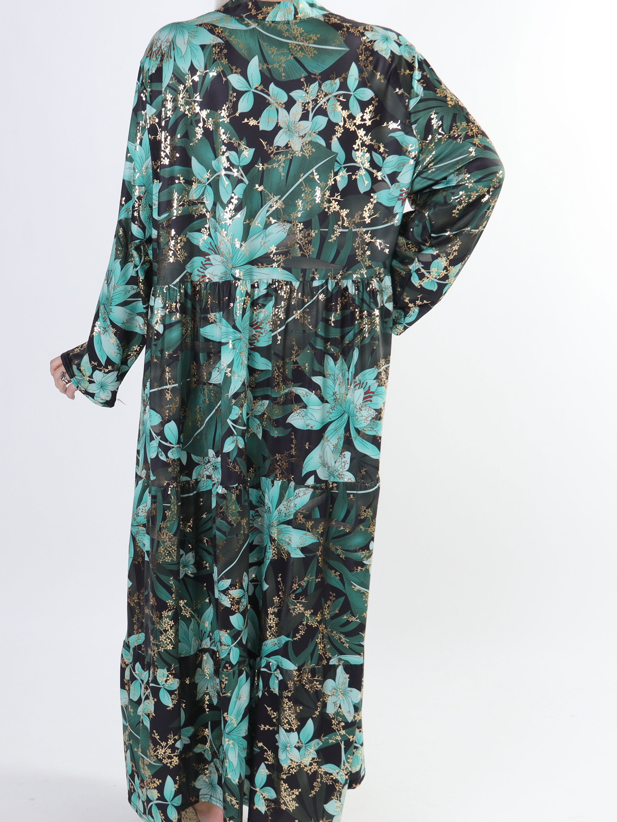 Milano Gold Flower - Lang plus size kjole med lag på lag look